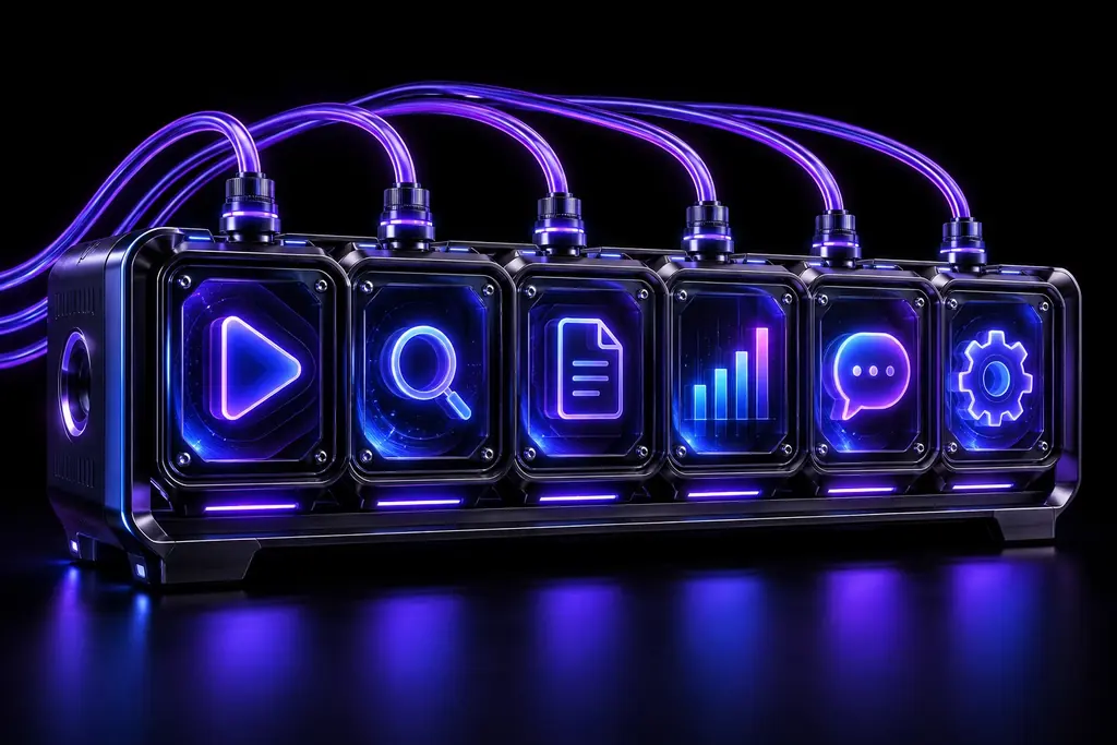 A rack of six lit modules already wired together, ready to run