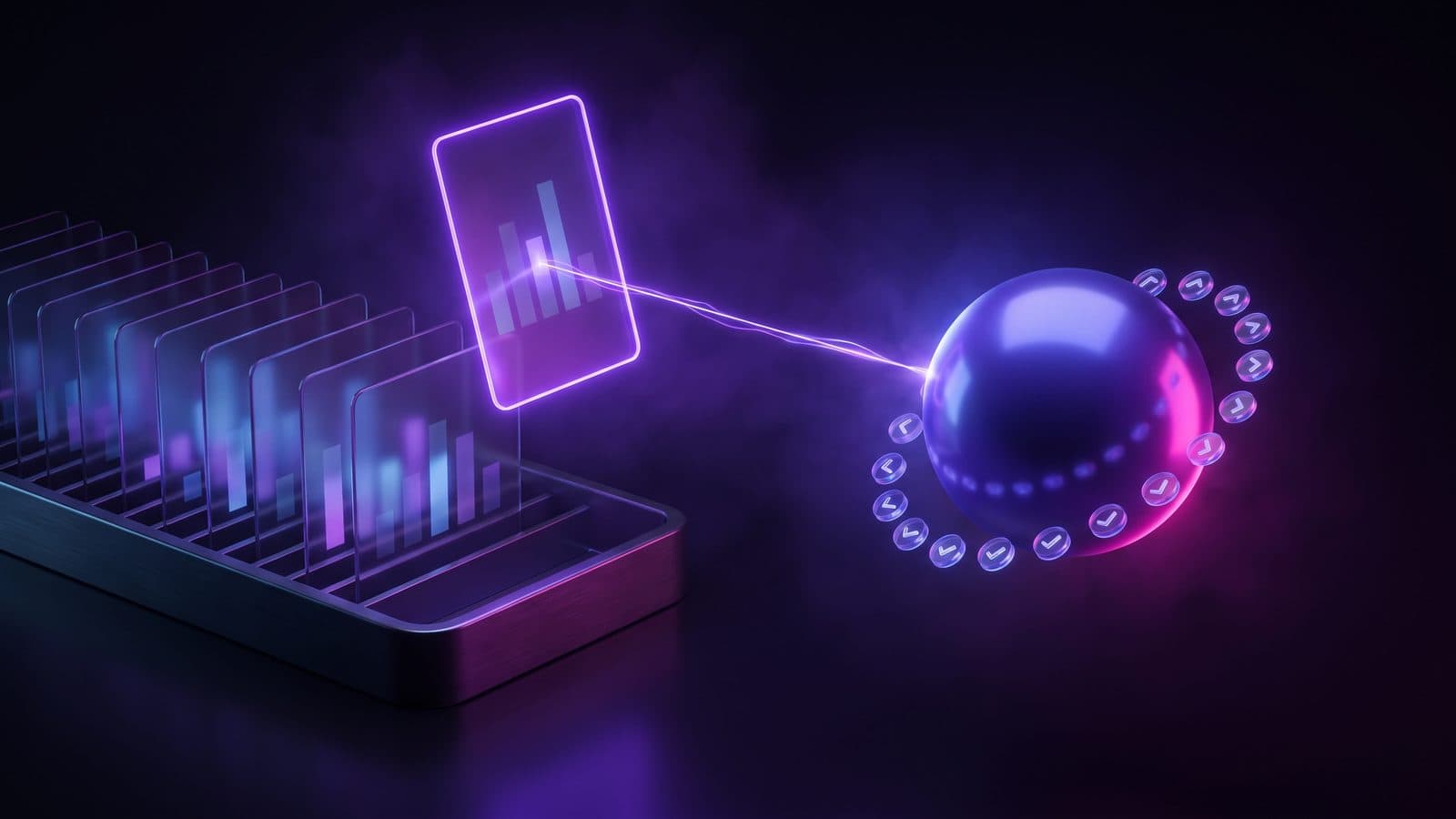 A slim glowing glass card lifts out of a neat row of cards in a dark tray and travels along a violet beam into a glowing sphere ringed by small check marks.
