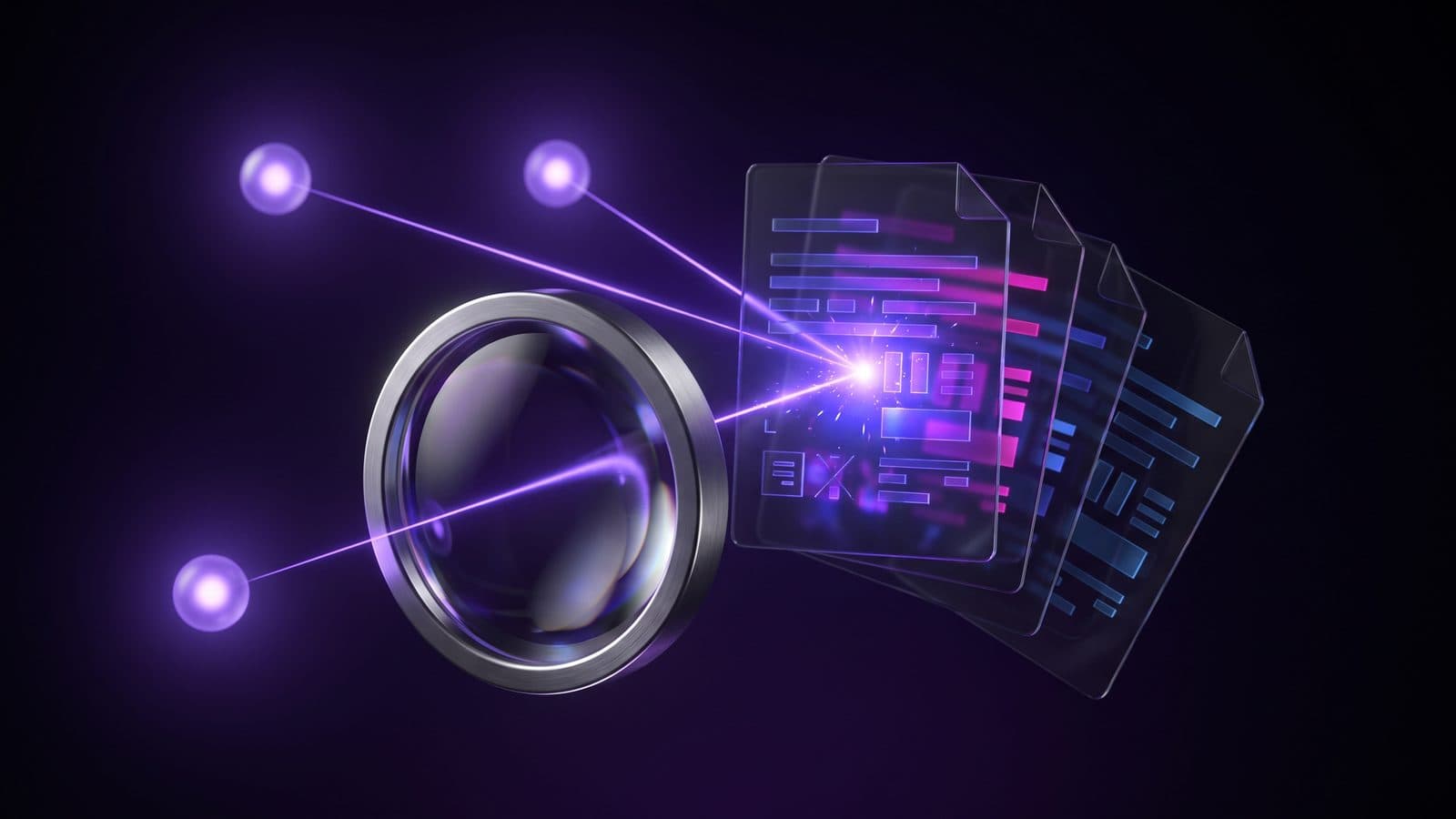 A glowing glass lens hovers over a scattered stack of document cards, and three thin beams of light from separate sources meet on one card in the centre.