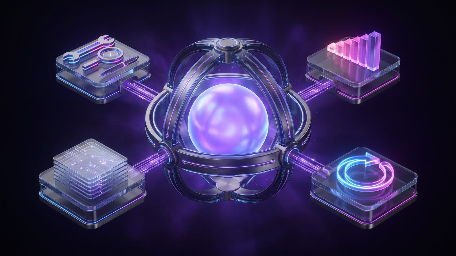 A glowing sphere held in a frame of dark metal rings, joined by violet light lines to floating glass modules for tools, steps, memory and a loop.